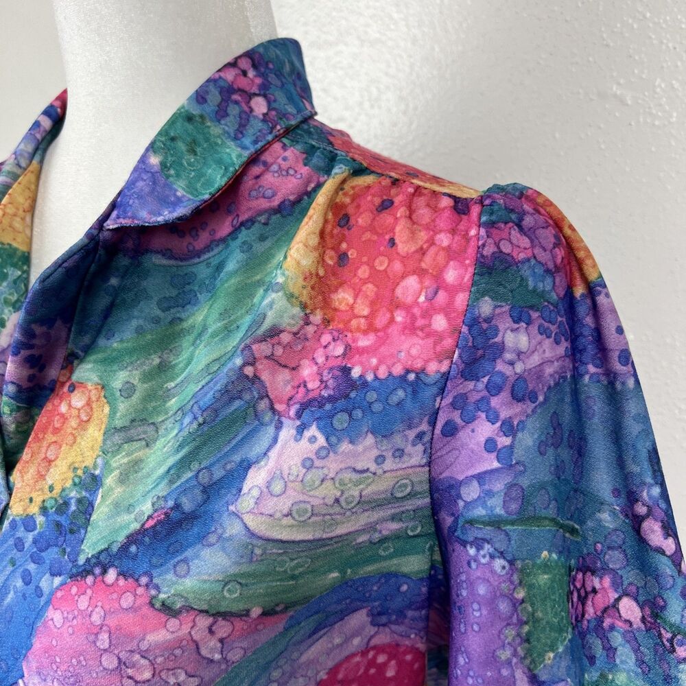 Vintage Devon 70s Blouse Women Medium Neon Purple Green 3/4 Sleeve Union Made - Picture 11 of 14